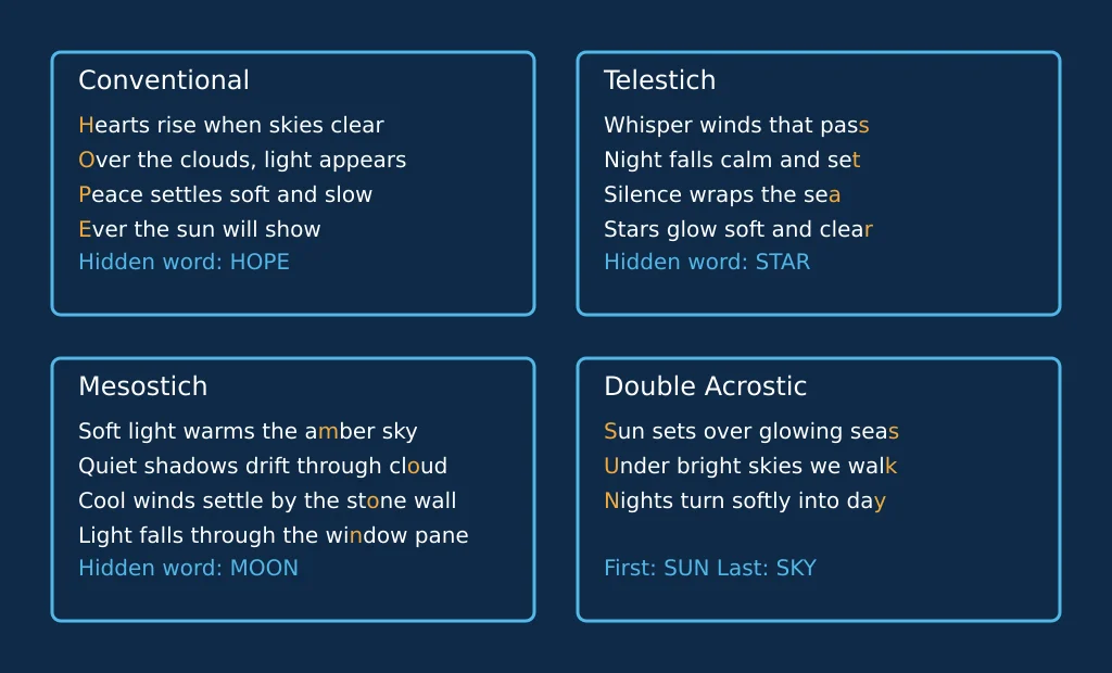Comparison of four acrostic poem types with hidden letters highlighted in each