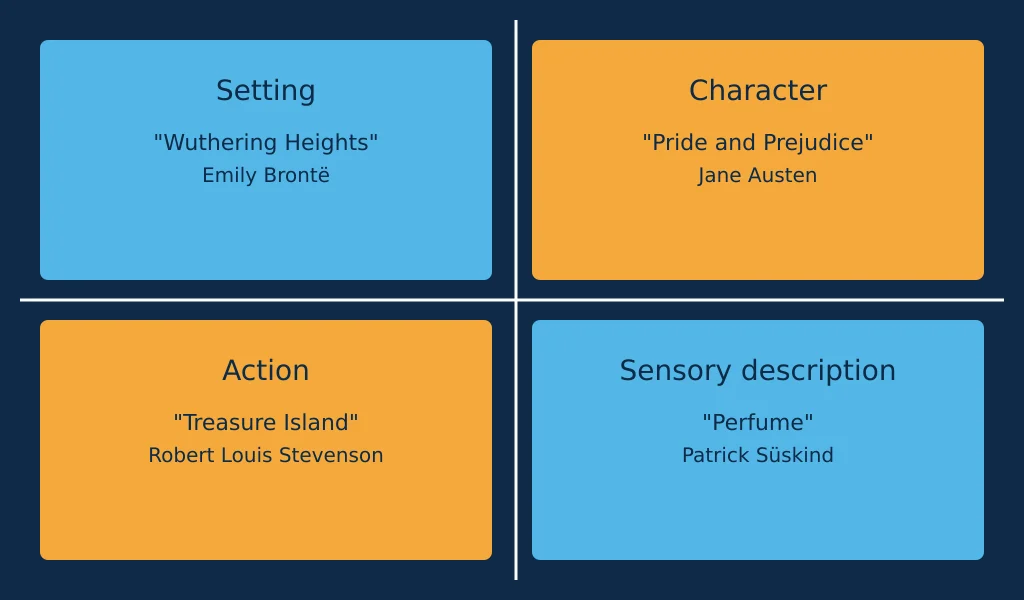 Diagram of the four types of description in fiction with an example novel for each.