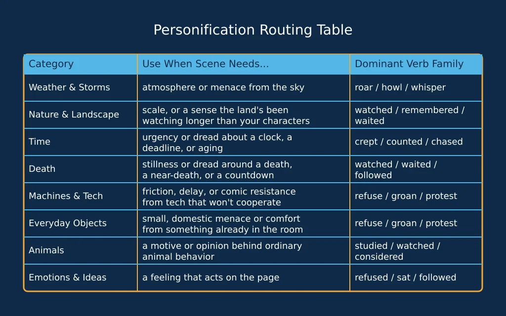 Routing table showing which personification category fits which kind of scene, based on the verb families used in this article's example lines.