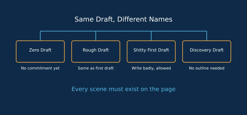 Diagram showing the progression from zero draft through rough draft and revised draft to final draft