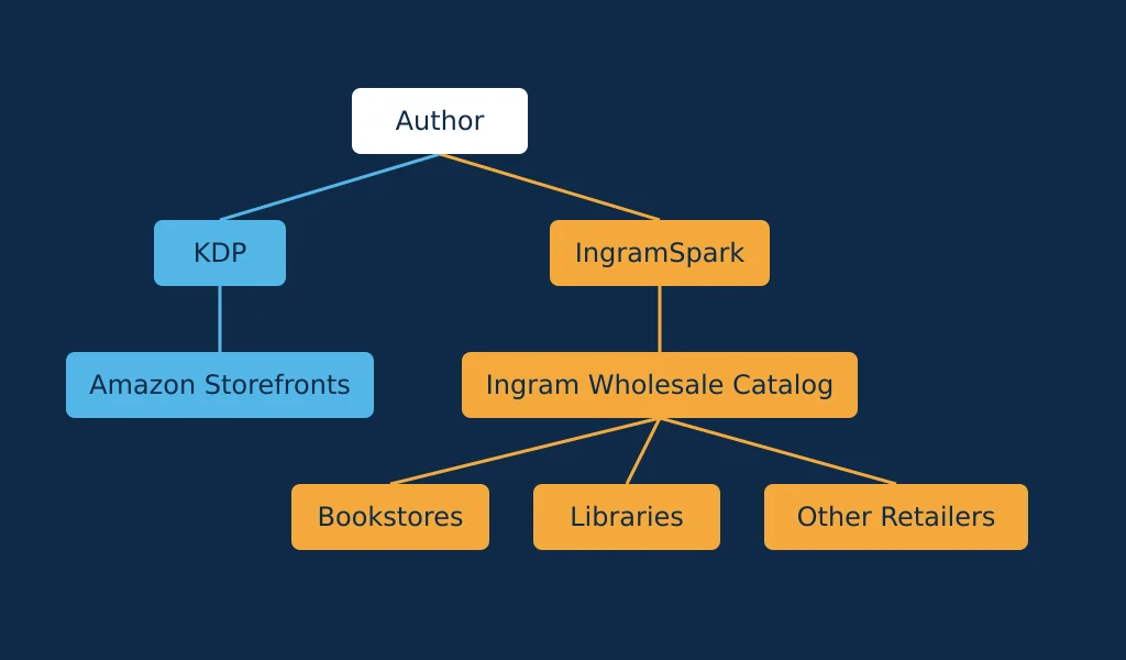 Diagram comparing Amazon KDP's Amazon-only distribution path to IngramSpark's wholesale network reaching bookstores and libraries