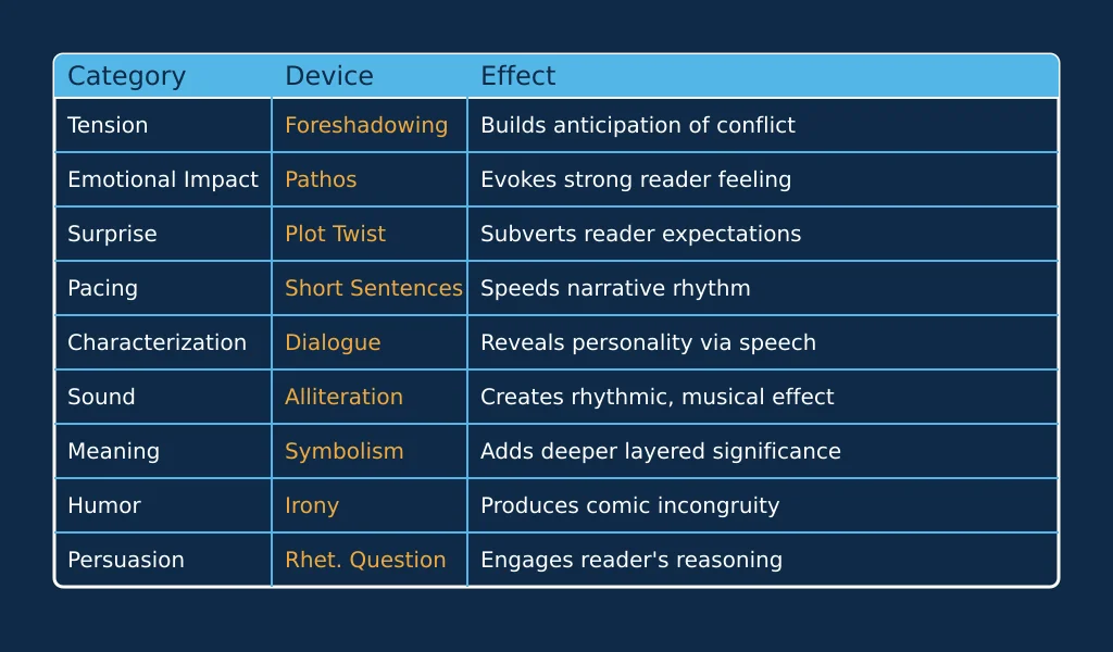 Chart mapping nine reader effects to one example literary device each