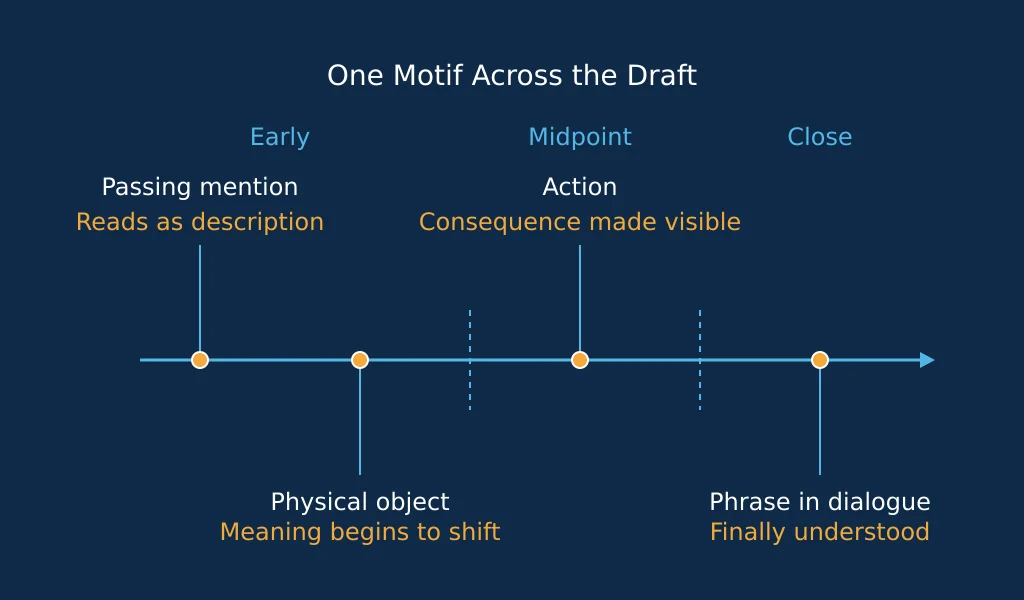 Timeline of a novel showing four appearances of one motif and how its meaning changes