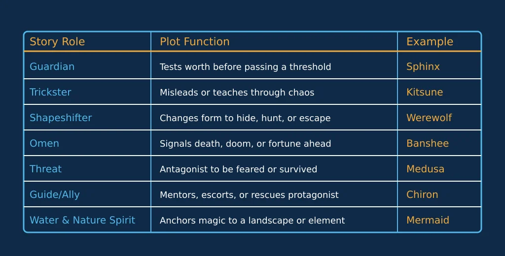 Table of seven mythical creature story roles matched to their function in a plot and a classic example