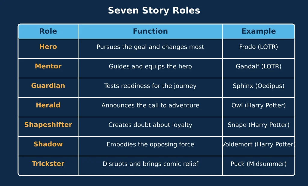 Table of seven mythical creature story roles matched to their function in a plot and a classic example