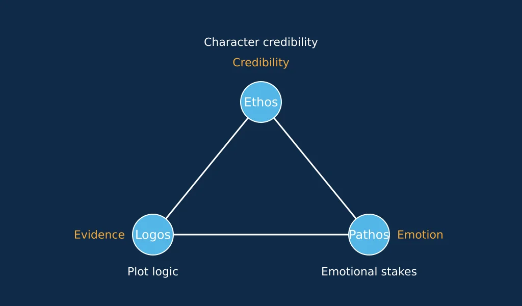 Diagram comparing ethos, logos and pathos in persuasive writing versus their equivalents in fiction