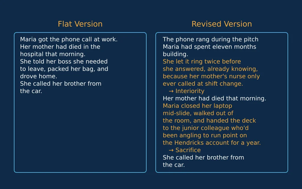 Before-and-after paragraph comparison with craft levers labeled at each change