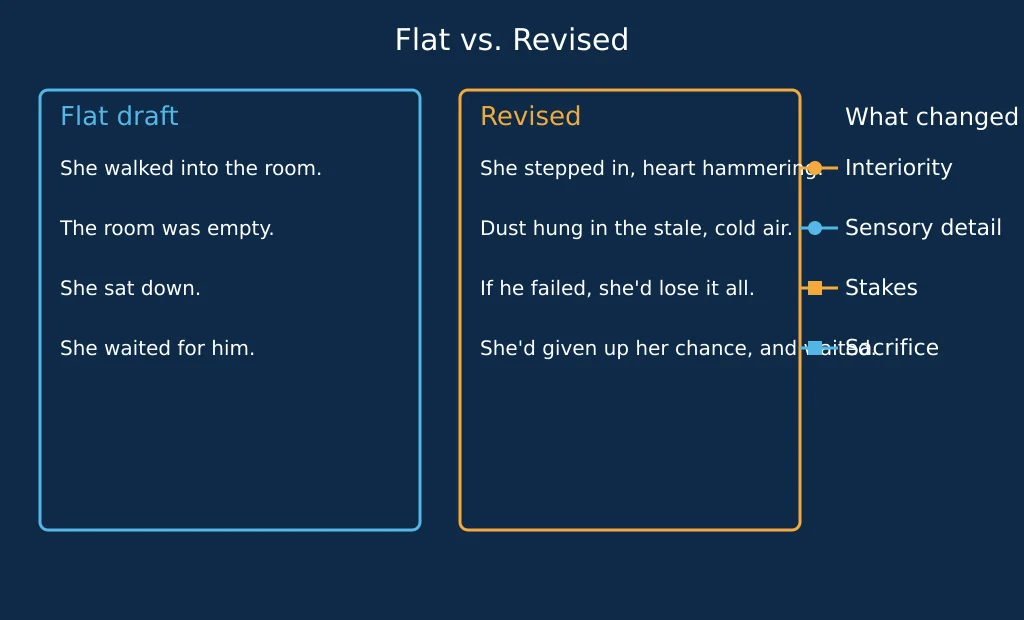 Before-and-after paragraph comparison with craft levers labeled at each change