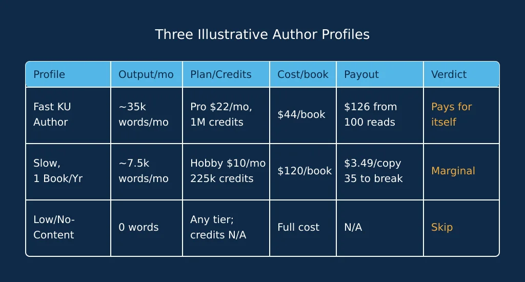 Table comparing three illustrative KDP author profiles' Sudowrite plan cost against their royalty or KENP payout.
