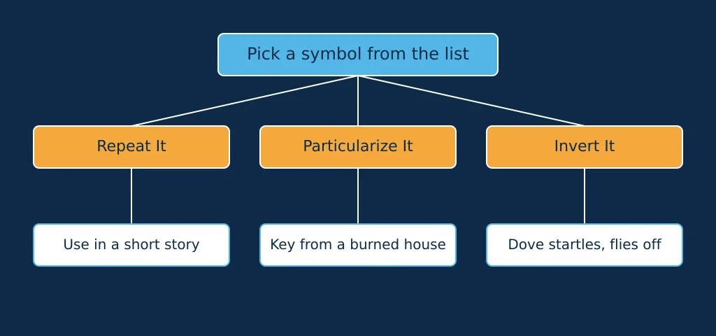 Flowchart showing three ways to use a literary symbol: repeat, particularize, or invert