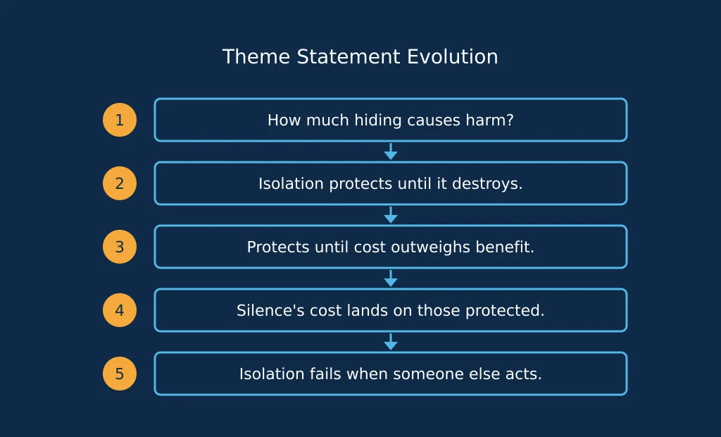 Diagram showing a story's theme statement sharpening through 5 steps, from a single logline to a tested theme sentence