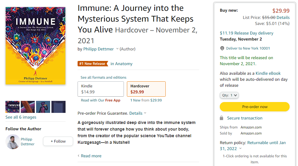 Amazon marketplace book listing of immune by philipp dettmer with option to pre-order the book