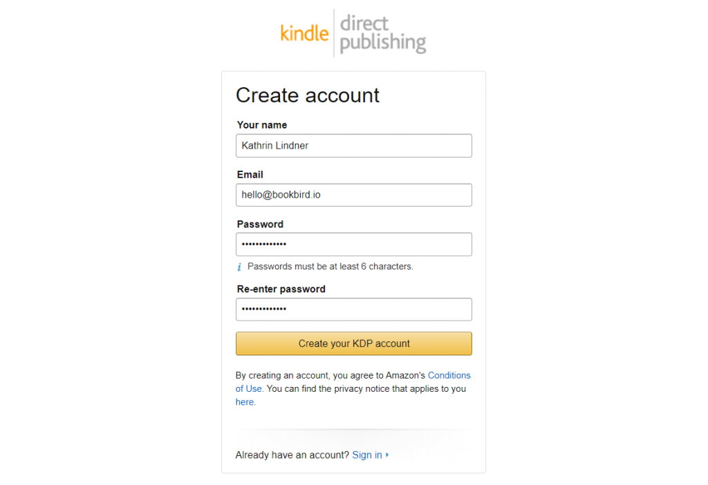 Amazon kindle direct publishing interface to create a new account