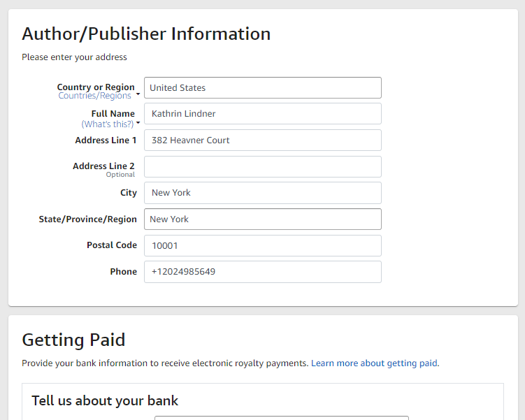 Amazon kdp registration form to enter author / publisher information and bank account details