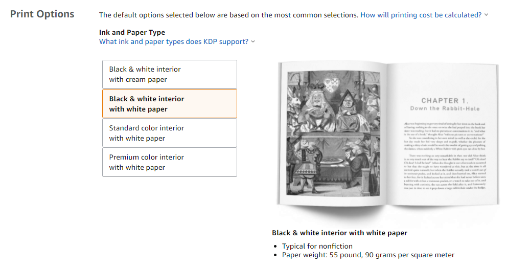 Amazon KDP interface with selection of different ink and paper types and a paperback book preview