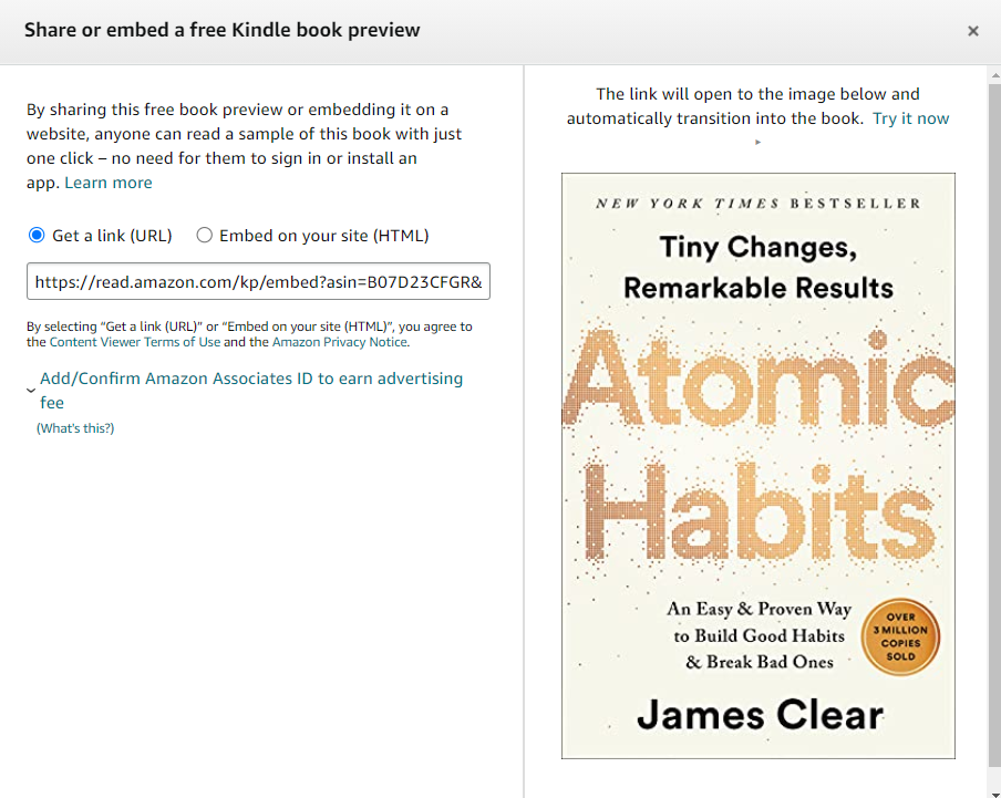 Book preview of atomic habits by james clear with multiple options to share or embed the book