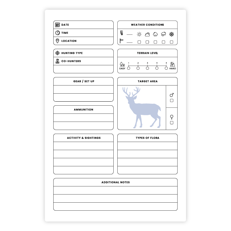 Low content book interior template of a deer hunting logbook