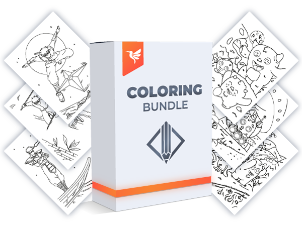 product box of coloring bundle in combination with several coloring book interior designs