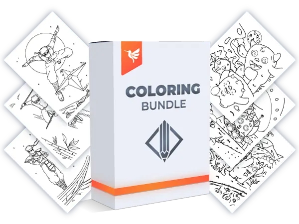 product box of coloring bundle in combination with several coloring book interior designs