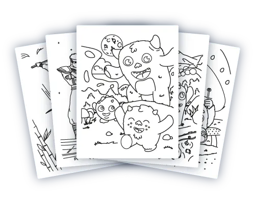 multiple amazon kdp coloring book interior template designs with monsters and ninjas line art illustrations