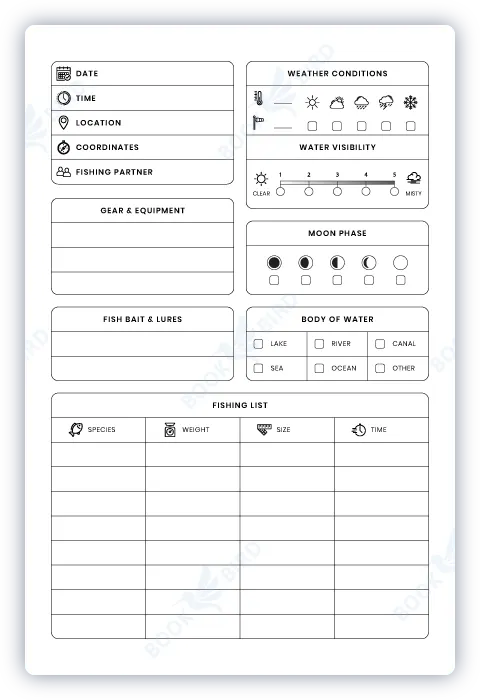 low content book interior template design of a fishing logbook to track caught fish