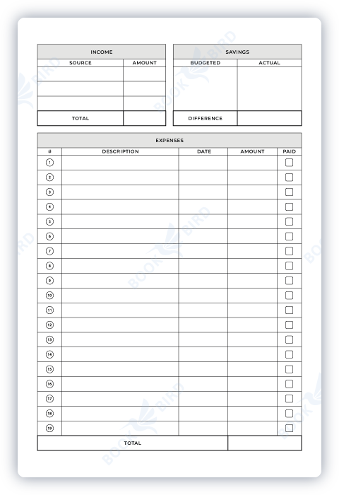 low content book interior template design of a financial budget planner to track expenses and revenues