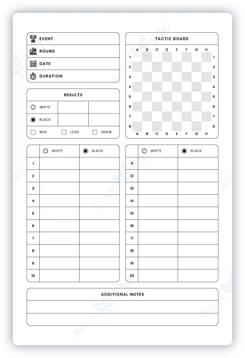 low content book interior template design of a chess notation book to track game score and strategy