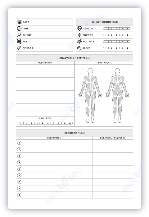 low content book interior template design of a physiotherapist journal to track physiotherapy sessions