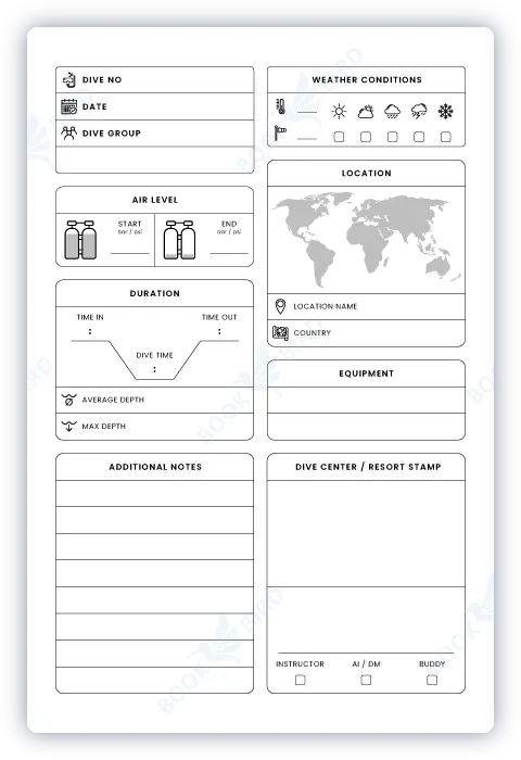 low content book interior template design of a scuba diving log book to track dive and snorkeling sessions
