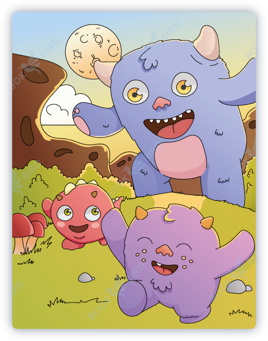cover design of coloring book illustration with cute monsters chasing each other