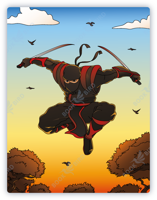 cover design of coloring book illustration with a jumping ninja swinging two swords