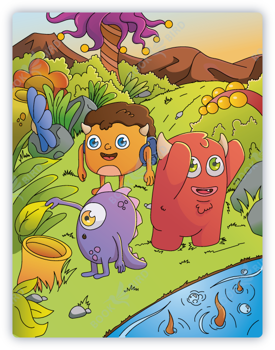 cover design of coloring book illustration with cute monsters discovering a colorful dream world