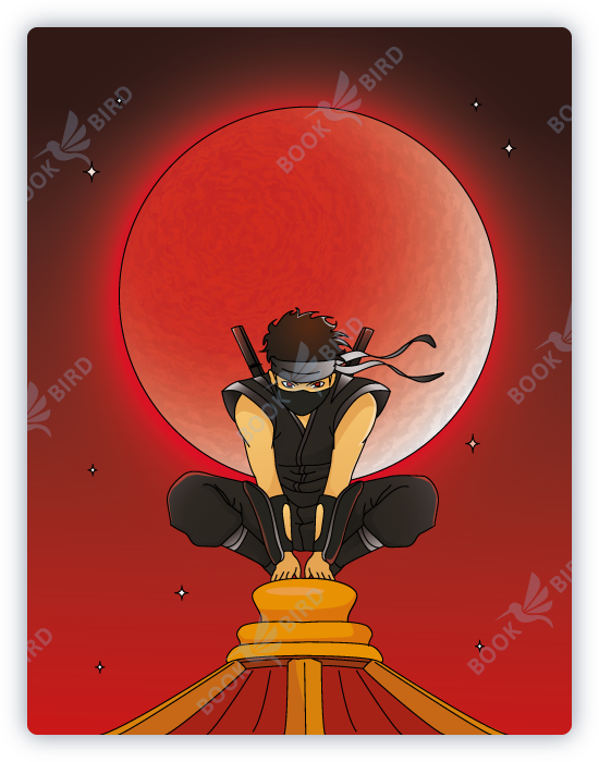 cover design of coloring book illustration with a ninja crouching on a roof by moonlight