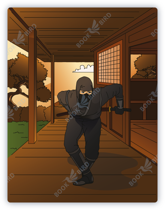 cover design of coloring book illustration of a ninja sneaking through pavilion garden with a sword