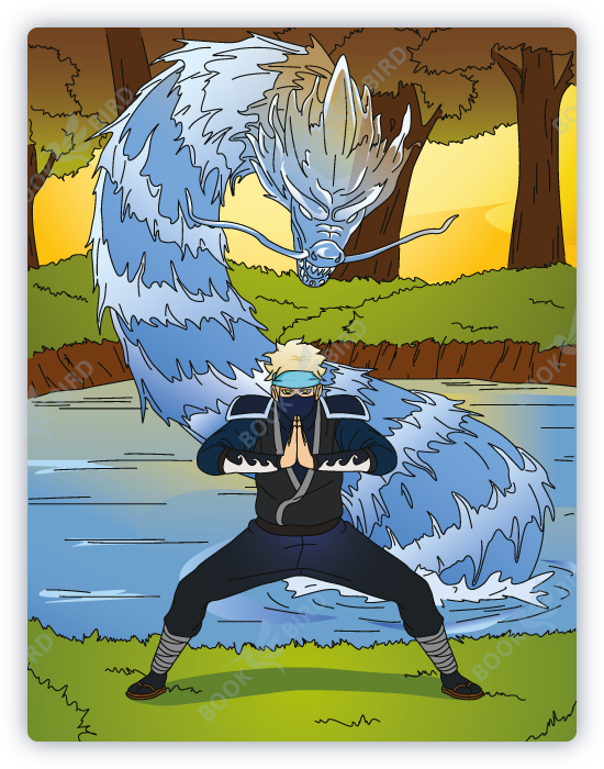 cover design of coloring book illustration of a meditating ninja and water dragon in background