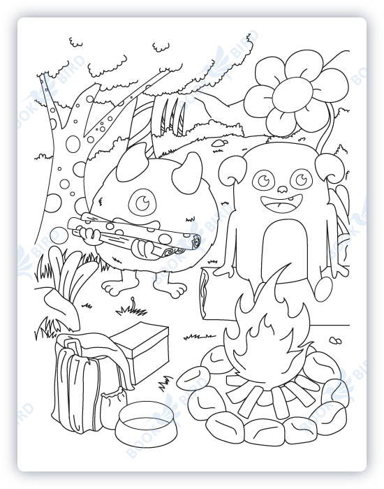 coloring book page template design illustration with cute monsters camping around a bonfire