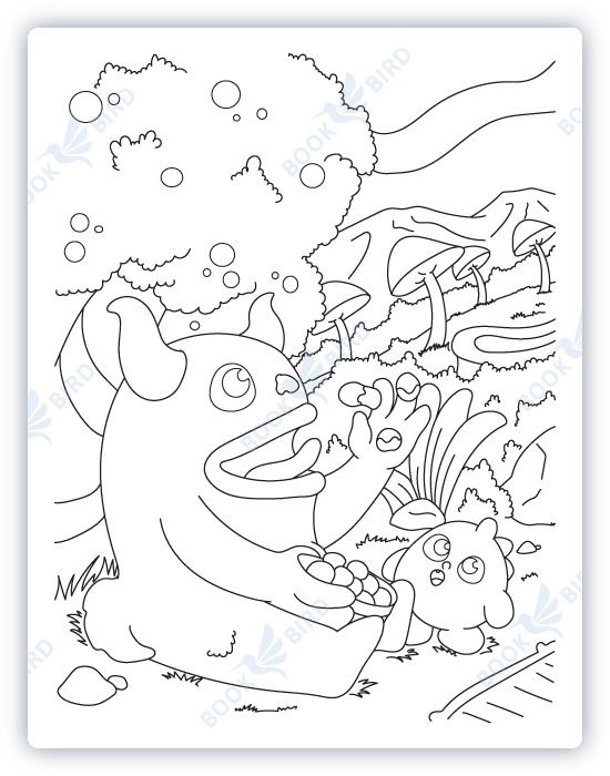 coloring book page template design illustration with cute monster throwing food in mouth