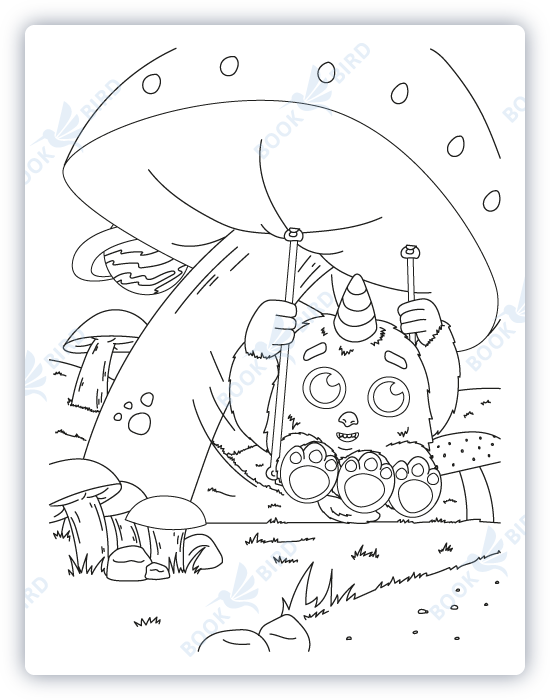 coloring book page template design illustration with a smiling monster on a swing
