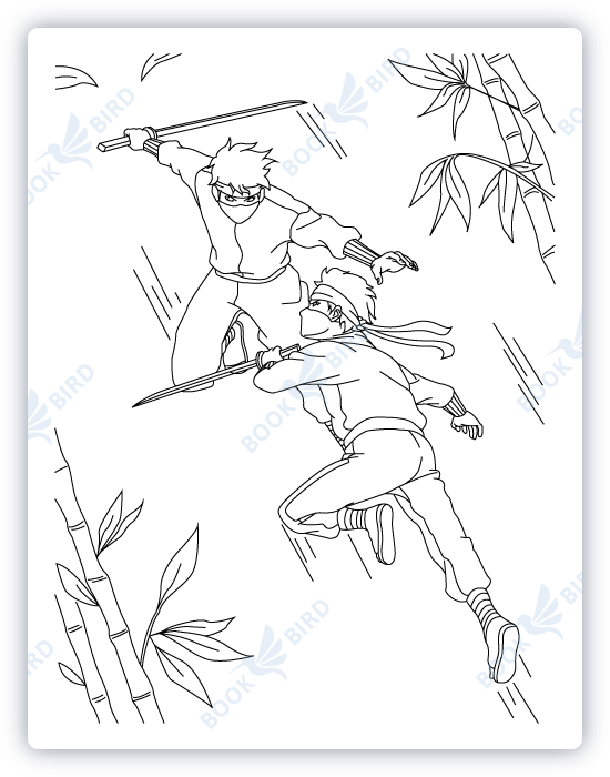 coloring book page template design illustration of fighting ninjas jumping towards with swords