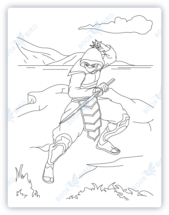 coloring book page template design illustration of ninja training martial arts on cliff