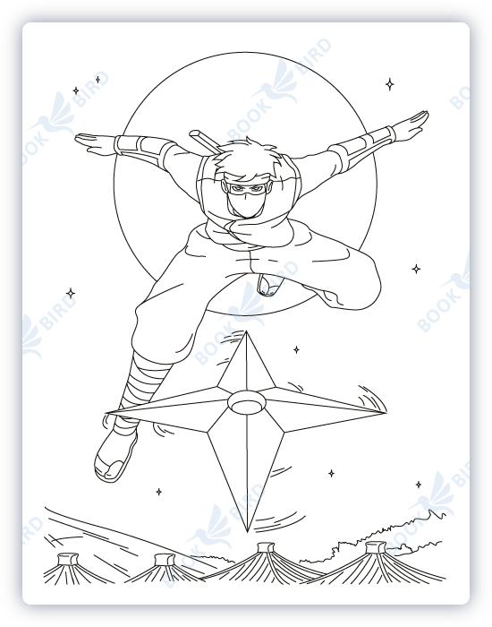coloring book page template design illustration of jumping ninja throwing shuriken ahead