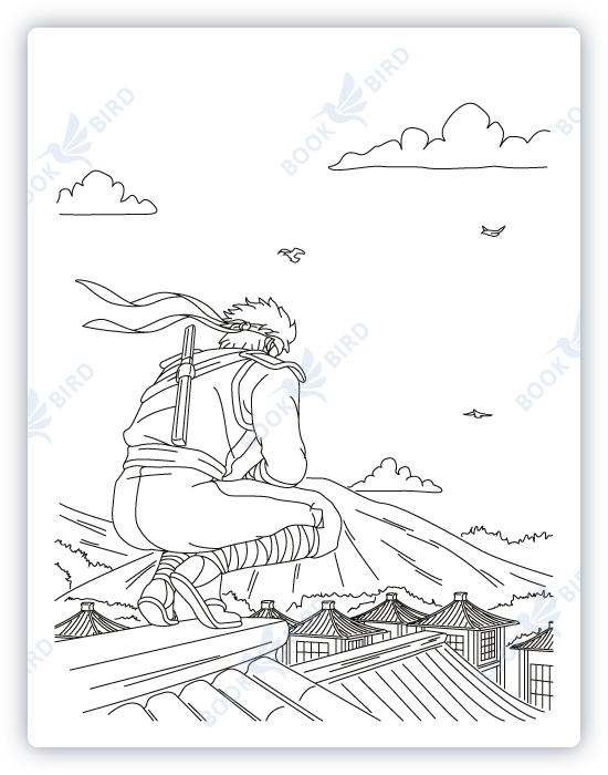 coloring book page template design illustration of ninja crouching on roof to spy on enemies