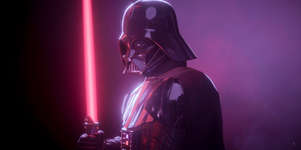 Darth Vader wielding red lightsaber in Star Wars scene