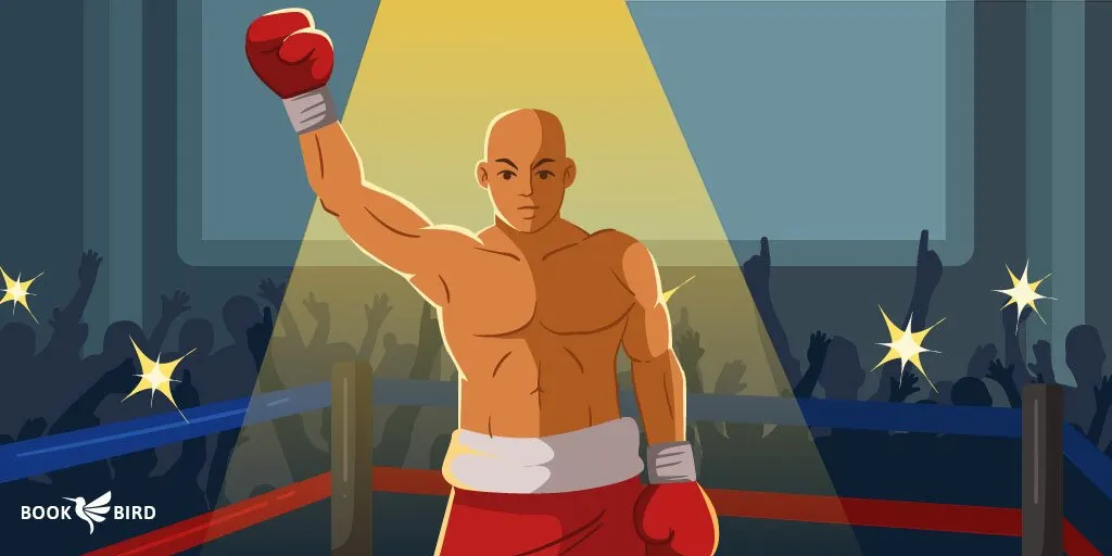 Triumphant Boxer Raising Arm in Crowded Boxing Ring