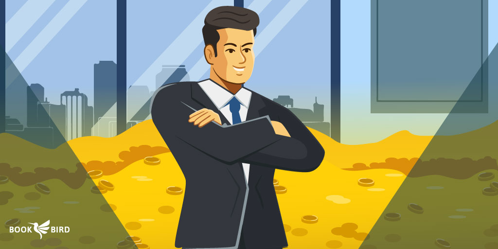 Confident Entrepreneur with Stacks of Money Coins in Business
