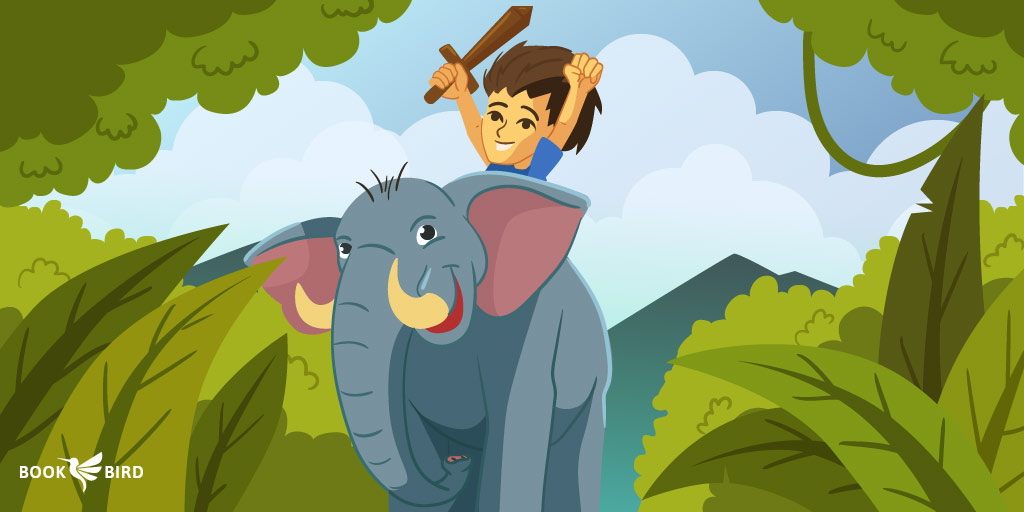 Child Riding Baby Elephant with Wooden Sword in Jungle Adventure
