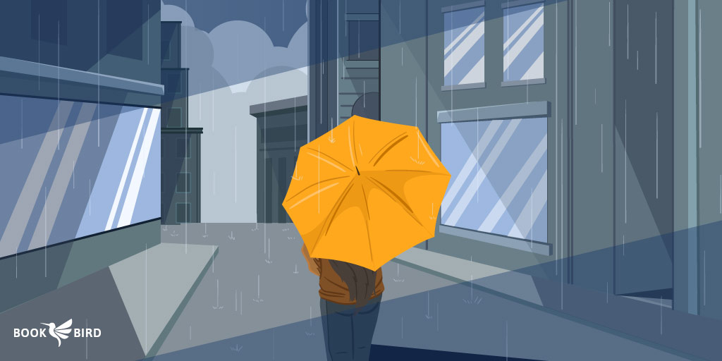 Solitary Figure with Yellow Umbrella in Grey City, Contemporary Fiction