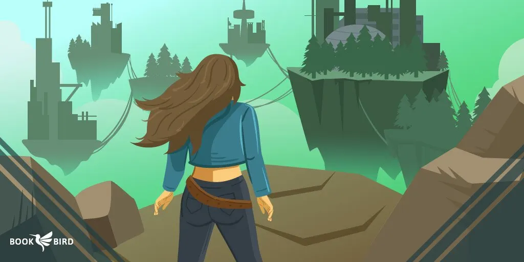 Woman gazing at dystopian floating island cities from cliff edge