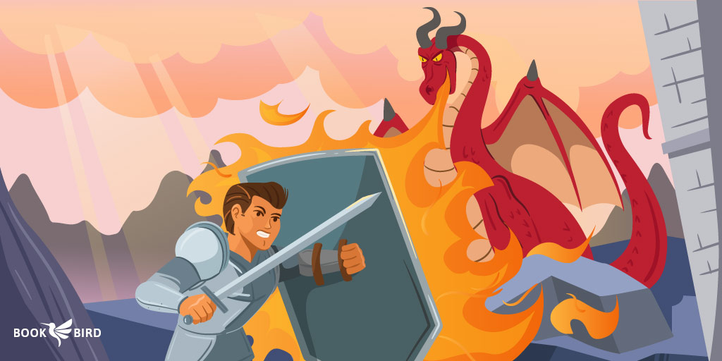 Knight defending against fire-breathing dragon in fantasy battle