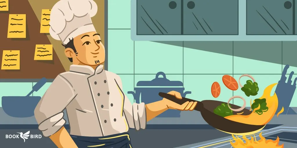 Passionate Cook Tossing Vegetables in Wok Over Open Flame